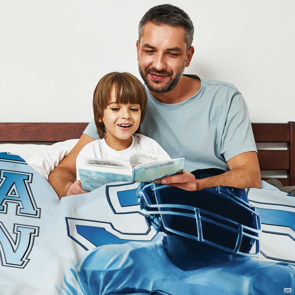 Close-up of athletic jersey typography and football helmet print on bedding set.