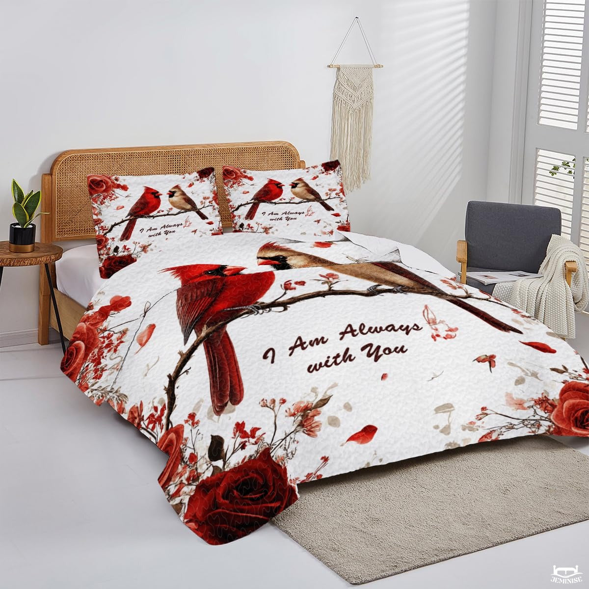 Cardinals Perched on Branch with Roses Patchwork Winter Quilt