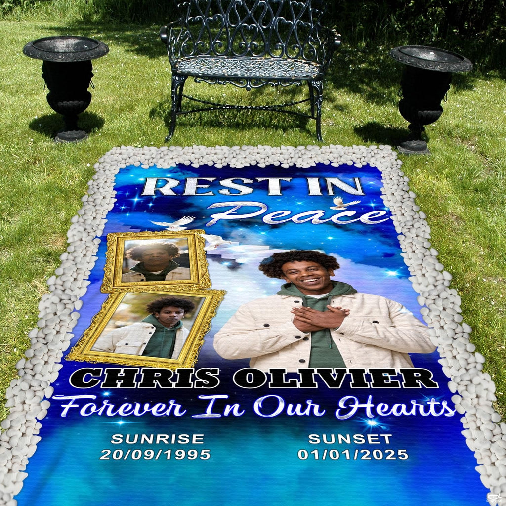 Overhead perspective of the blue heavenly stairway memorial blanket framed with white river stones.