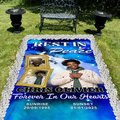 Overhead perspective of the blue heavenly stairway memorial blanket framed with white river stones.