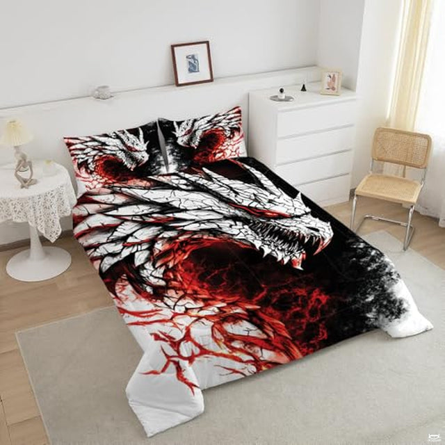 Angled bedroom view highlighting black, white, and red fantasy dragon bedding with matching printed pillow shams.