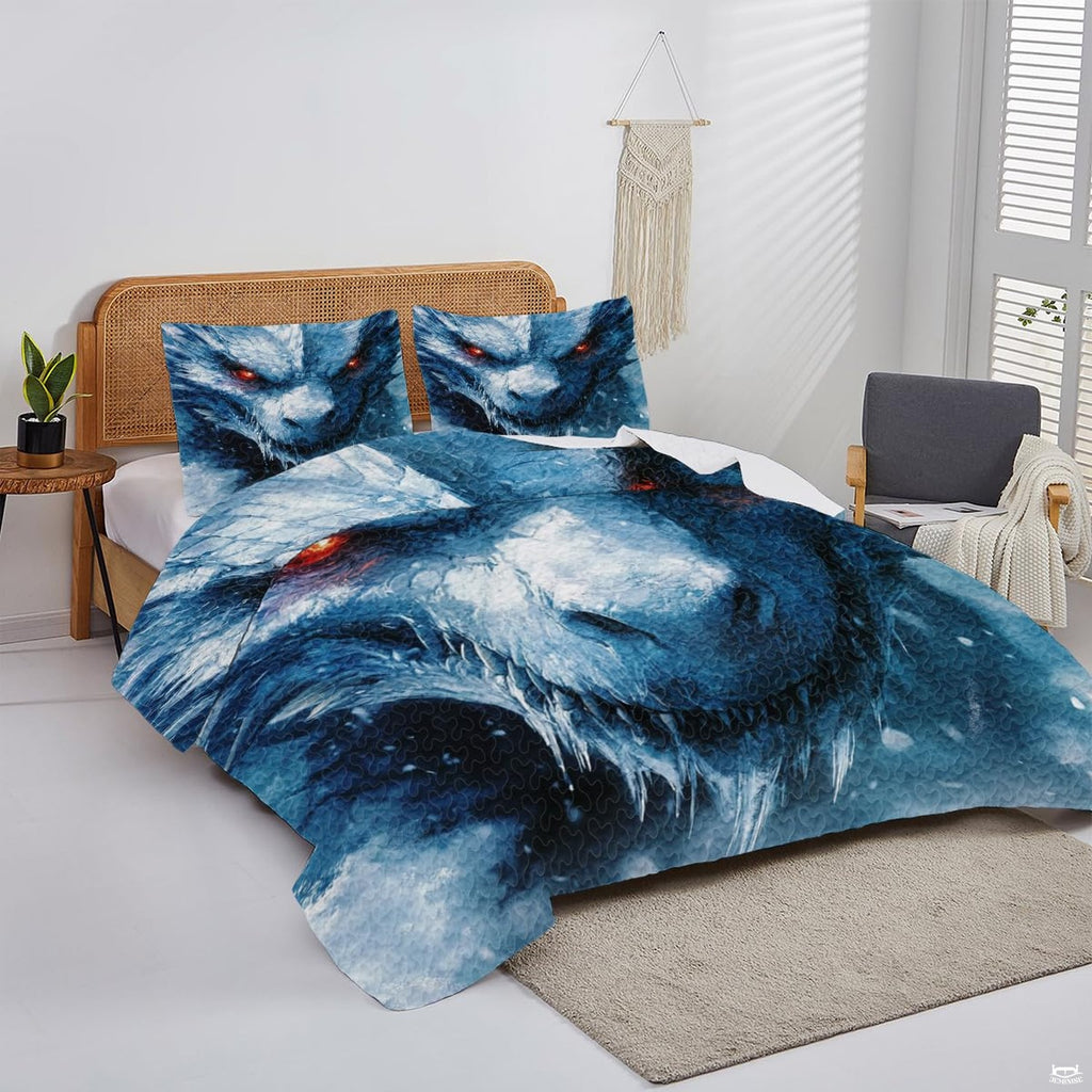 Blue ice dragon portrait displayed on a bed in a bright bedroom