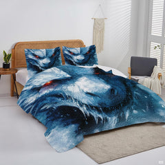 Blue ice dragon portrait displayed on a bed in a bright bedroom