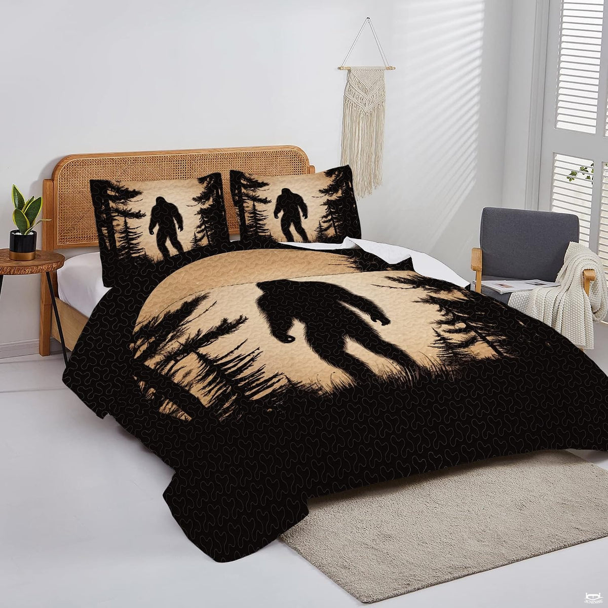 Overhead perspective of Bigfoot bedding arranged neatly across an outdoor themed bedroom mattress