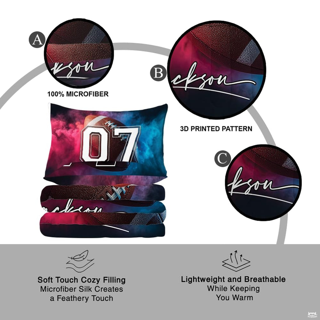 Overhead flat layout of the high-contrast neon vapor football sports bedding set