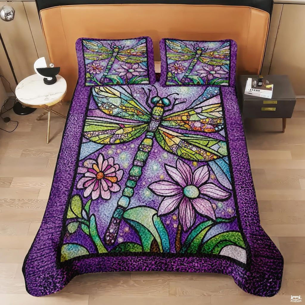 Dragonfly Pattern Quilt Set, Dragonflies Vintage Quilt Set Patchwork Style, Purple Patchwork Pattern Cotton Quilt Bedspread, Dragonfly Bedding Blanket for Daughter/Mother, Grandma