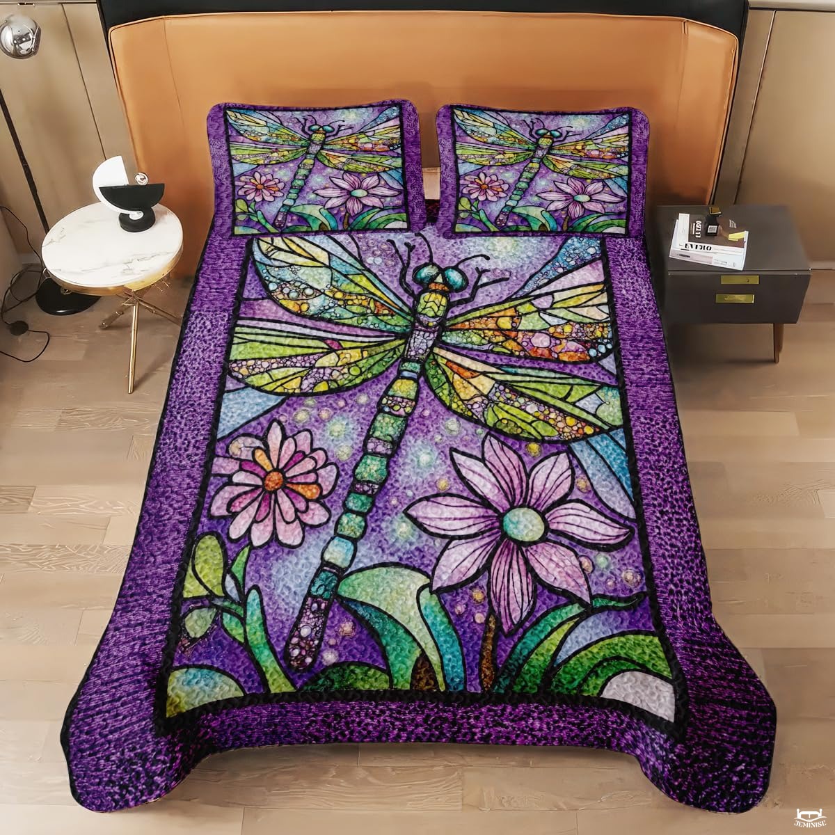Dragonfly Pattern Quilt Set, Dragonflies Vintage Quilt Set Patchwork Style, Purple Patchwork Pattern Cotton Quilt Bedspread, Dragonfly Bedding Blanket for Daughter/Mother, Grandma