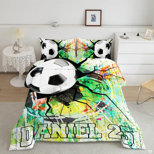 Graffiti soccer bedding displaying a 3D soccer ball breaking through a fractured wall with green paint splatters