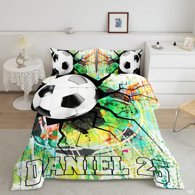 Graffiti soccer bedding displaying a 3D soccer ball breaking through a fractured wall with green paint splatters