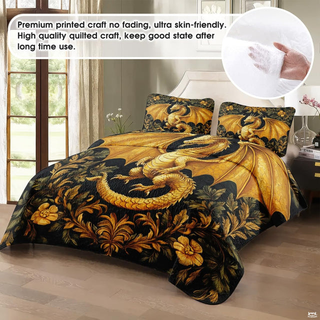 Gold dragon bedding in a softly lit bedroom