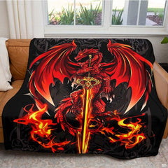 Measurement sizing chart for the red dragon sword throw blanket presenting available dimension choices.