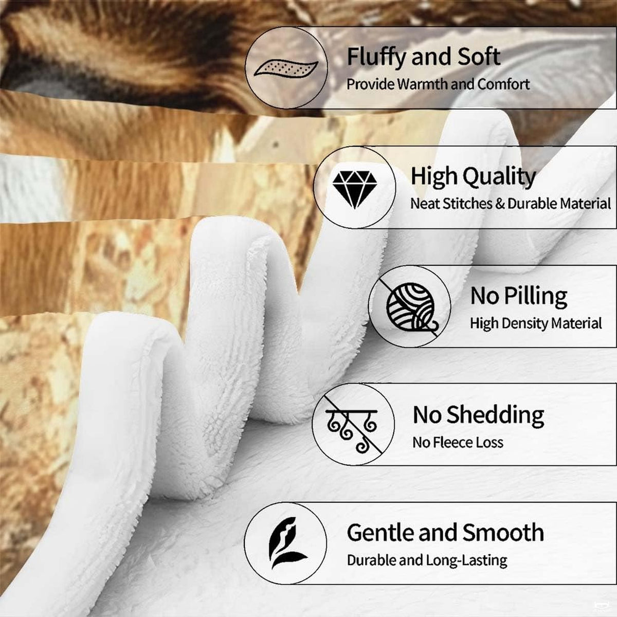 Folded edge of whitetail deer throw blanket showing clean print and white reverse side