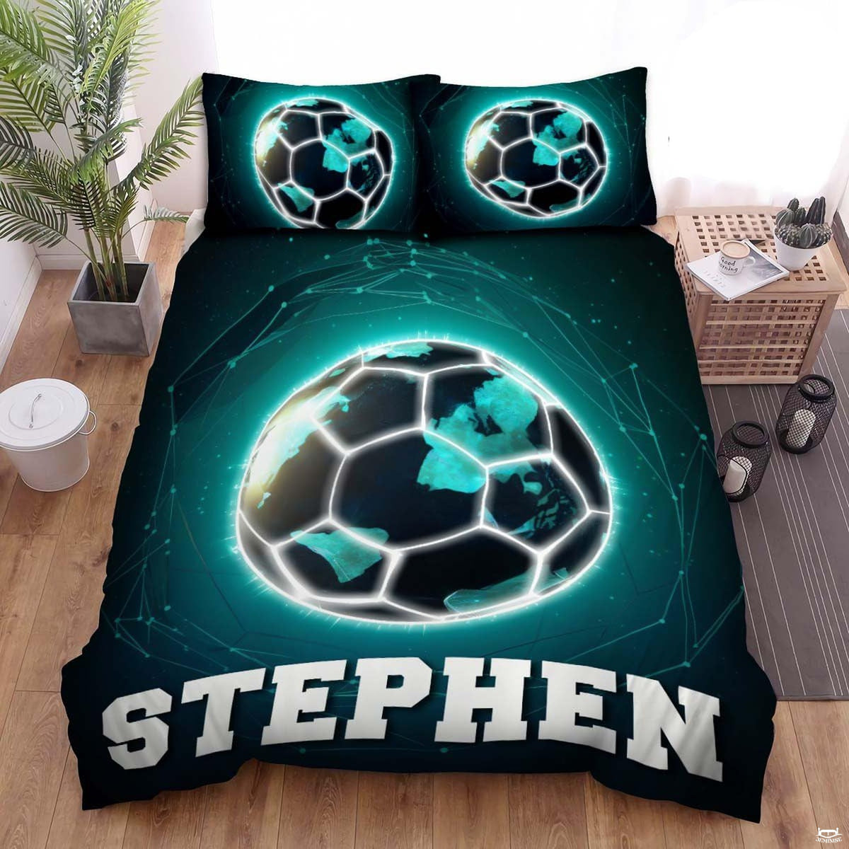 Cosmic galaxy soccer sports bedding featuring a soccer ball graphic with glowing teal nebula stardust on a bed