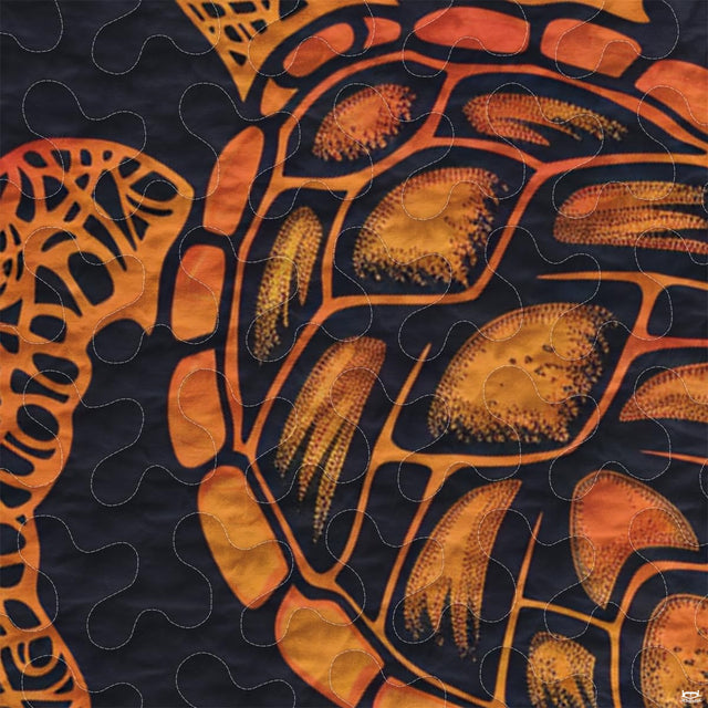 Detailed view of the amber and orange illustrated sea turtle surrounded by decorative corner flourishes.