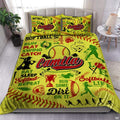Optic yellow softball typography collage sports bedding set featuring player silhouettes and red laces graphics