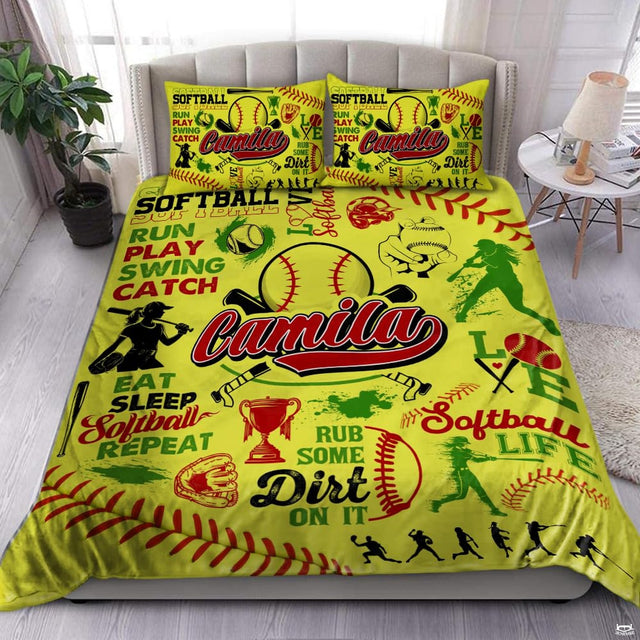 Optic yellow softball typography collage sports bedding set featuring player silhouettes and red laces graphics