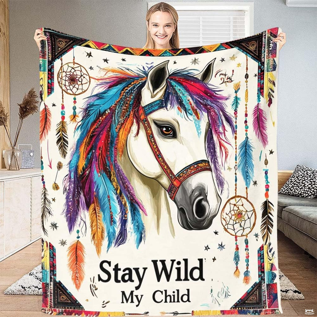 Boho tribal feathers horse throw blanket showing white horse with colorful feathers