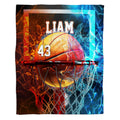Fire ice basketball bedding set featuring glowing hoop art with orange flame and electric blue energy.