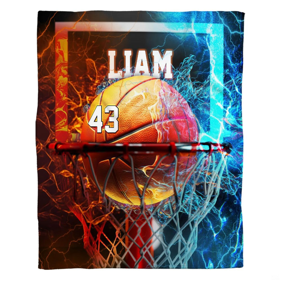 Fire ice basketball bedding set featuring glowing hoop art with orange flame and electric blue energy.
