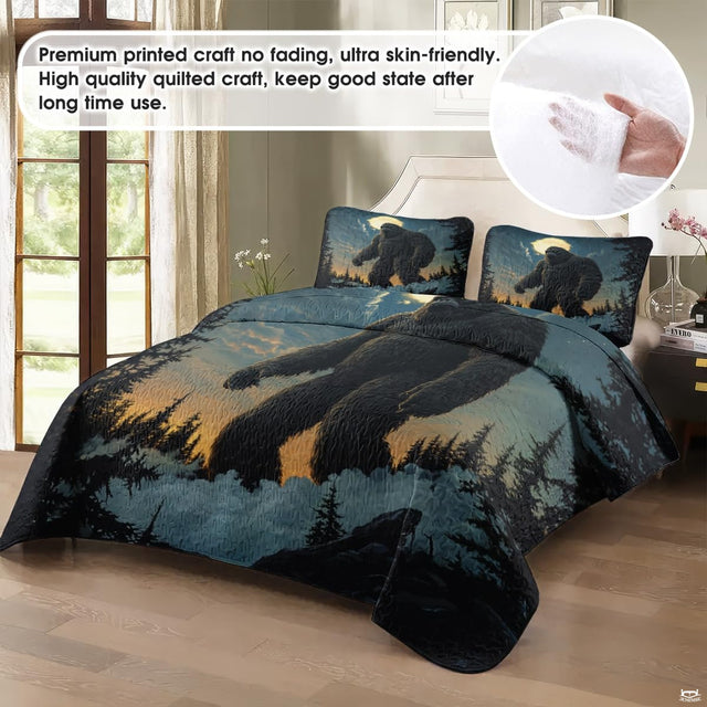 Sasquatch silhouette under luminous thematic accent moon and twilight sky on forest bedding.