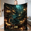 Enchanted dragon sleeping in an ancient candlelit library across a dark academia bedding set in a fantasy book bedroom.