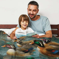 Rustic lodge bedroom styled with realistic wood duck house bedding and tranquil lake water illustration.