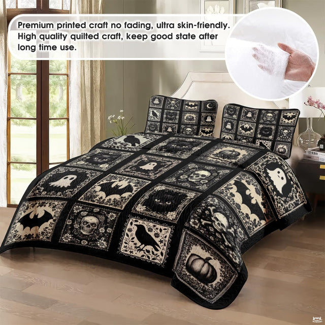Close-up perspective of gothic bedding showing detailed skull and bat illustrations with damask borders