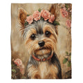 Yorkshire Terrier rose flower crown throw blanket featuring a painted puppy portrait with garden florals.