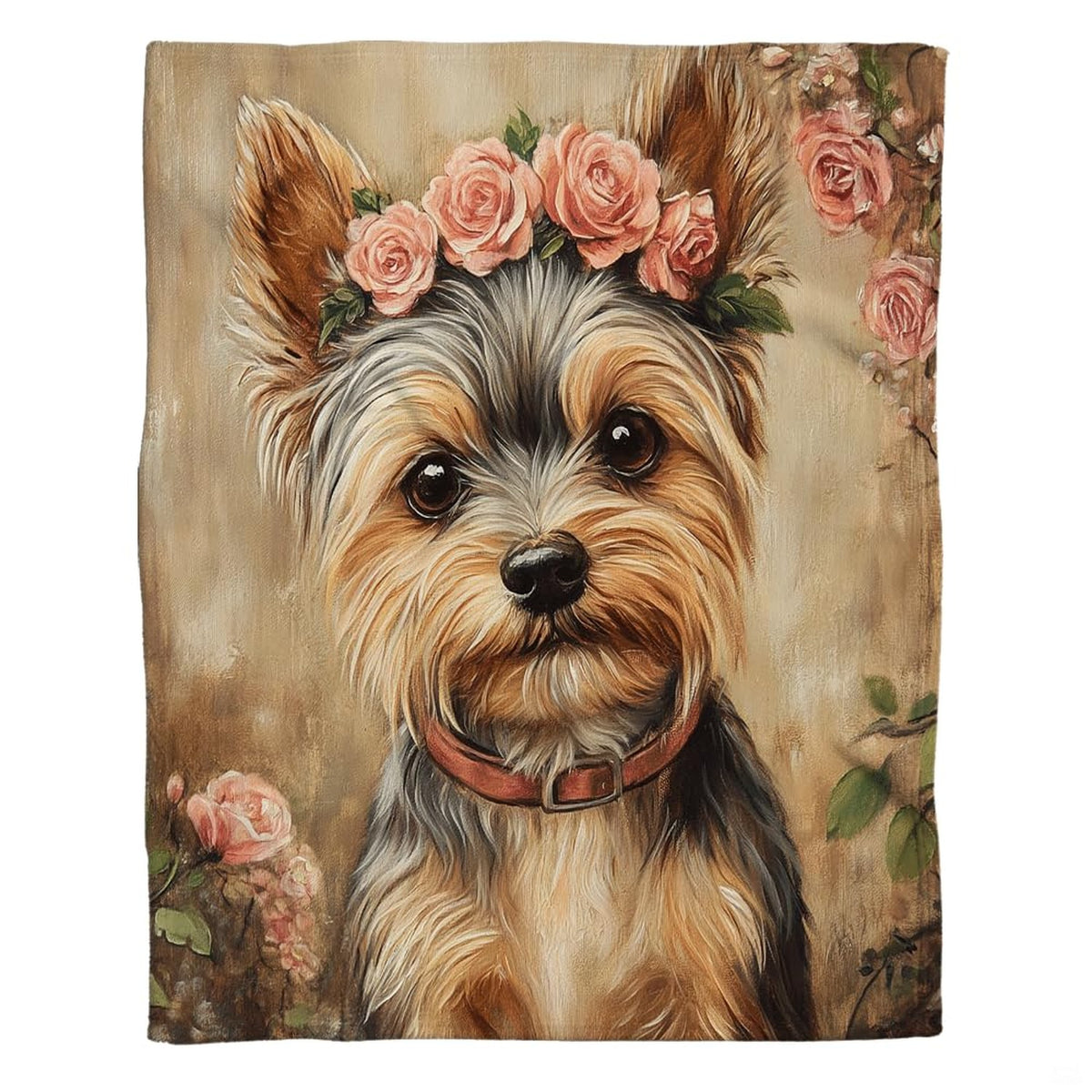 Yorkshire Terrier rose flower crown throw blanket featuring a painted puppy portrait with garden florals.
