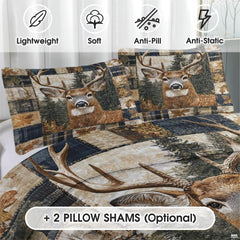 Close-up visual motif of rustic lodge bedding sets with autumn leaves, plaid framing, and woodland artwork.
