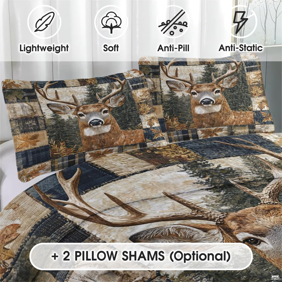 Close-up visual motif of rustic lodge bedding sets with autumn leaves, plaid framing, and woodland artwork.