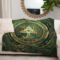 Celtic Tree of Life with golden Trinity knot medallion on emerald green knotwork, view 6.