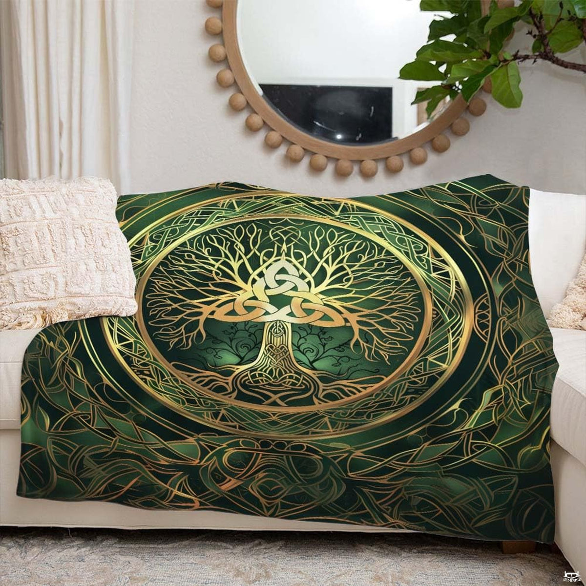 Celtic Tree of Life with golden Trinity knot medallion on emerald green knotwork, view 6.