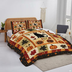 Overhead view of rustic pumpkin patchwork bedding spread across a master bedroom wooden bed frame