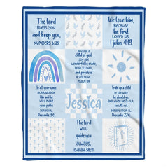 Blue scripture bible verses patchwork faith blanket showing rainbow and bible motif view 1