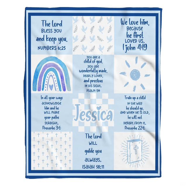 Blue scripture bible verses patchwork faith blanket showing rainbow and bible motif view 1