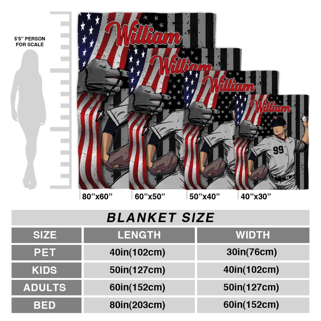 Patriotic baseball pitcher throw blanket view 4 highlighting pitcher artwork, flag graphics, and room decor