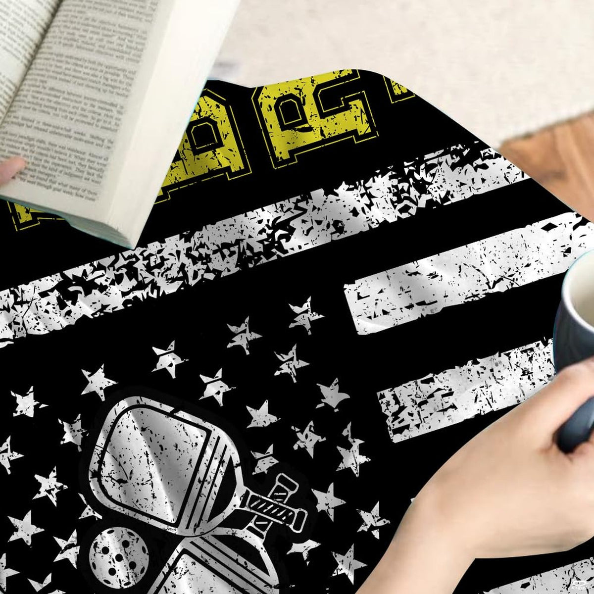 Distressed American flag graphic with crossed pickleball paddles and yellow lettering, view 8.