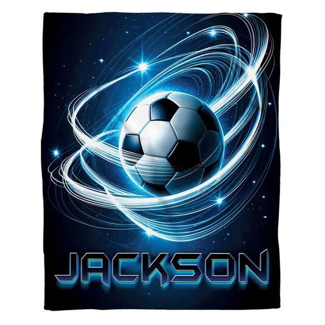 Luminous light arcs and sparkling stars around a soccer sphere on dark navy.