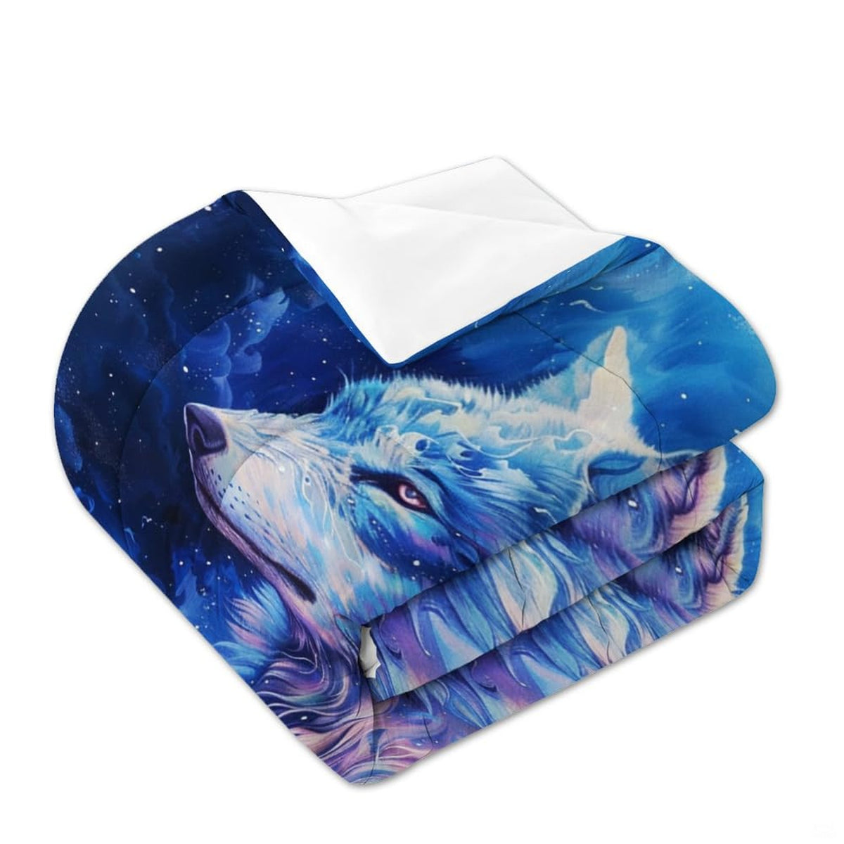 Folded bedding with blue wolf face, cosmic specks, and white reverse