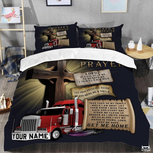 Angled view of red semi truck and radiant wooden cross bedding in a modern bedroom.