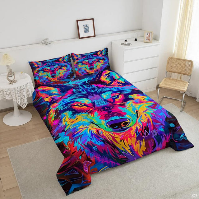 Angled view of colorful wolf face in cyan, pink, purple, yellow, and red
