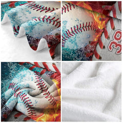 Baseball between blazing fire and water splashes with varsity lettering, view 5.