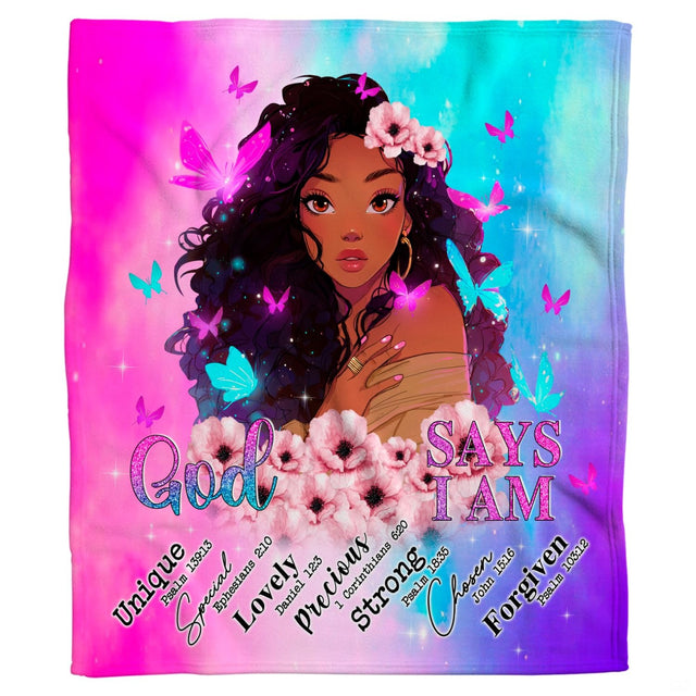 Frontal view of the illustrated portrait with glowing butterflies and pastel watercolor pink and cyan backdrop.