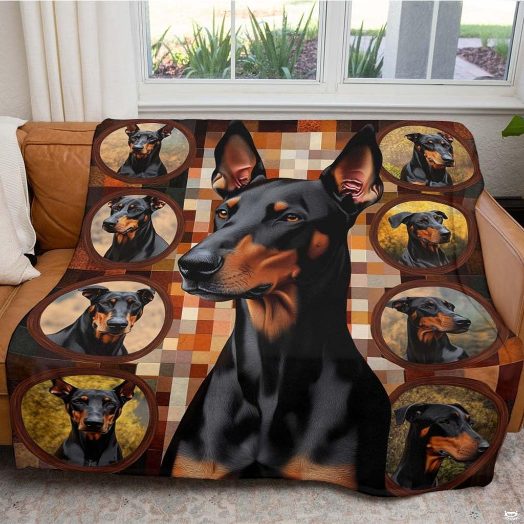 Doberman Pinscher portrait motif with cream and brown mosaic backdrop