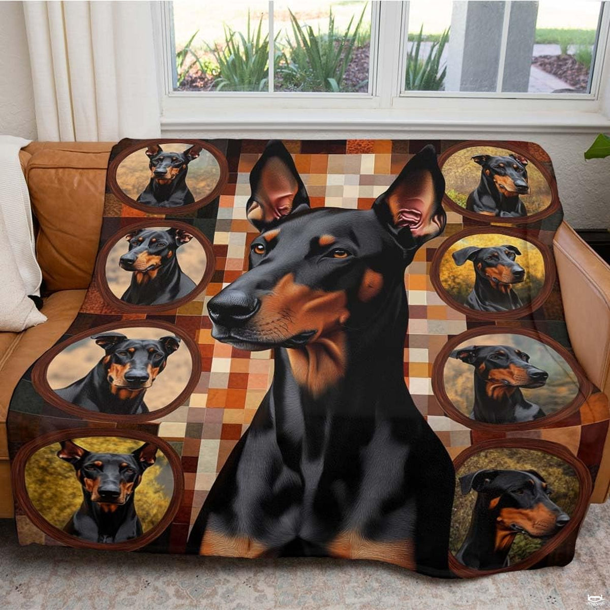 Doberman Pinscher portrait motif with cream and brown mosaic backdrop