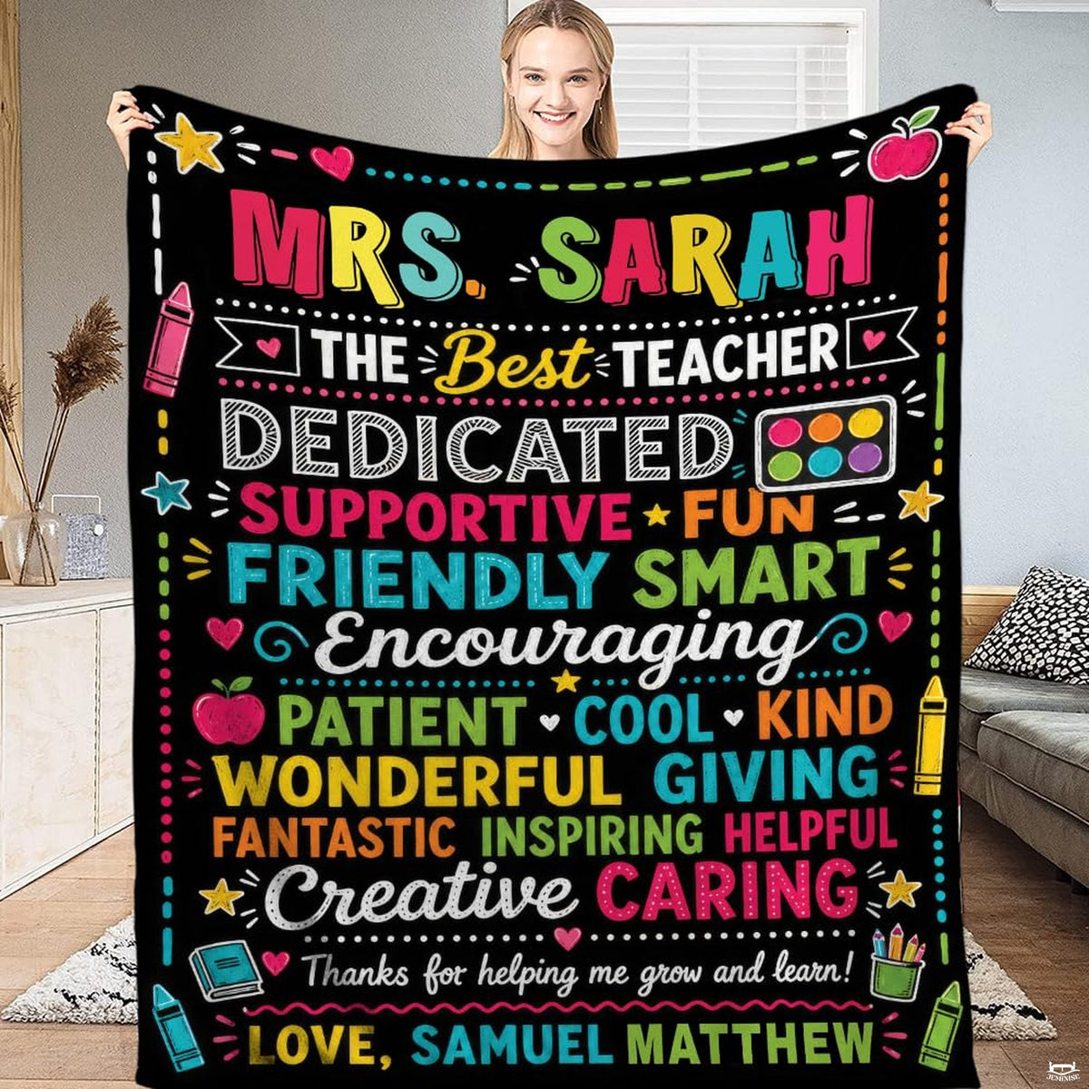 Chalkboard style bedding set with colorful crayon and red apple illustrations.