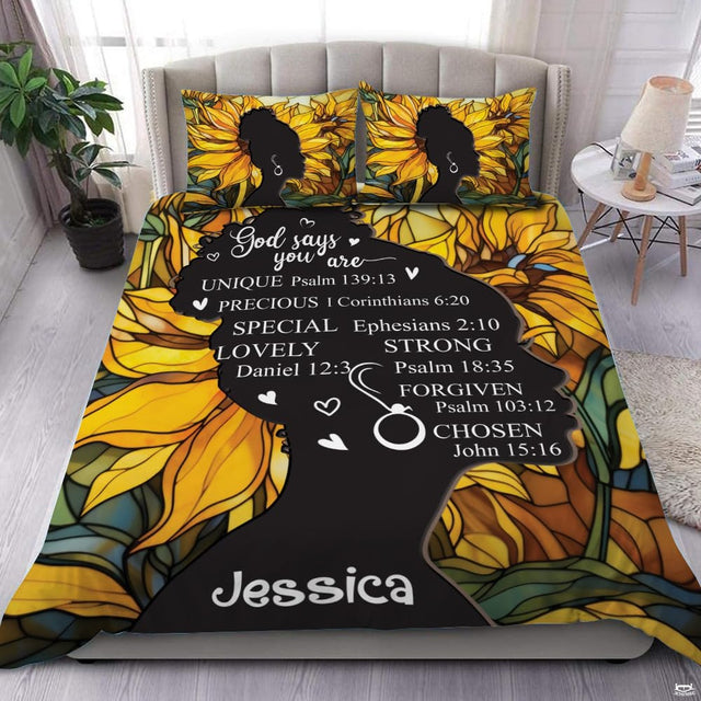 Dramatic sunflower Christian cross scripture bedding set displayed neatly on a bed in a modern bedroom