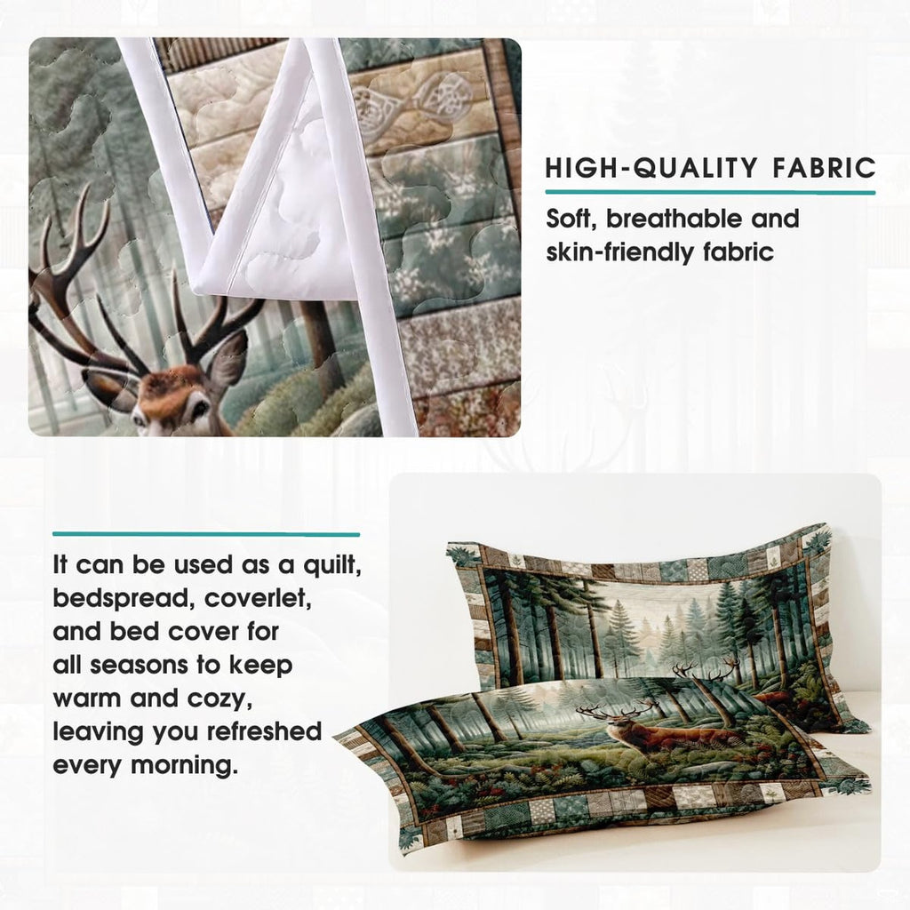 Majestic antlered deer centerpiece framed by misty evergreen pines reminiscent of black forest bedspreads.