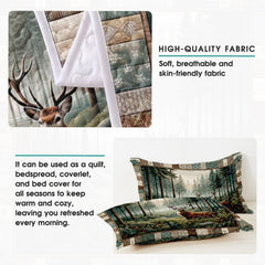 Majestic antlered deer centerpiece framed by misty evergreen pines reminiscent of black forest bedspreads.